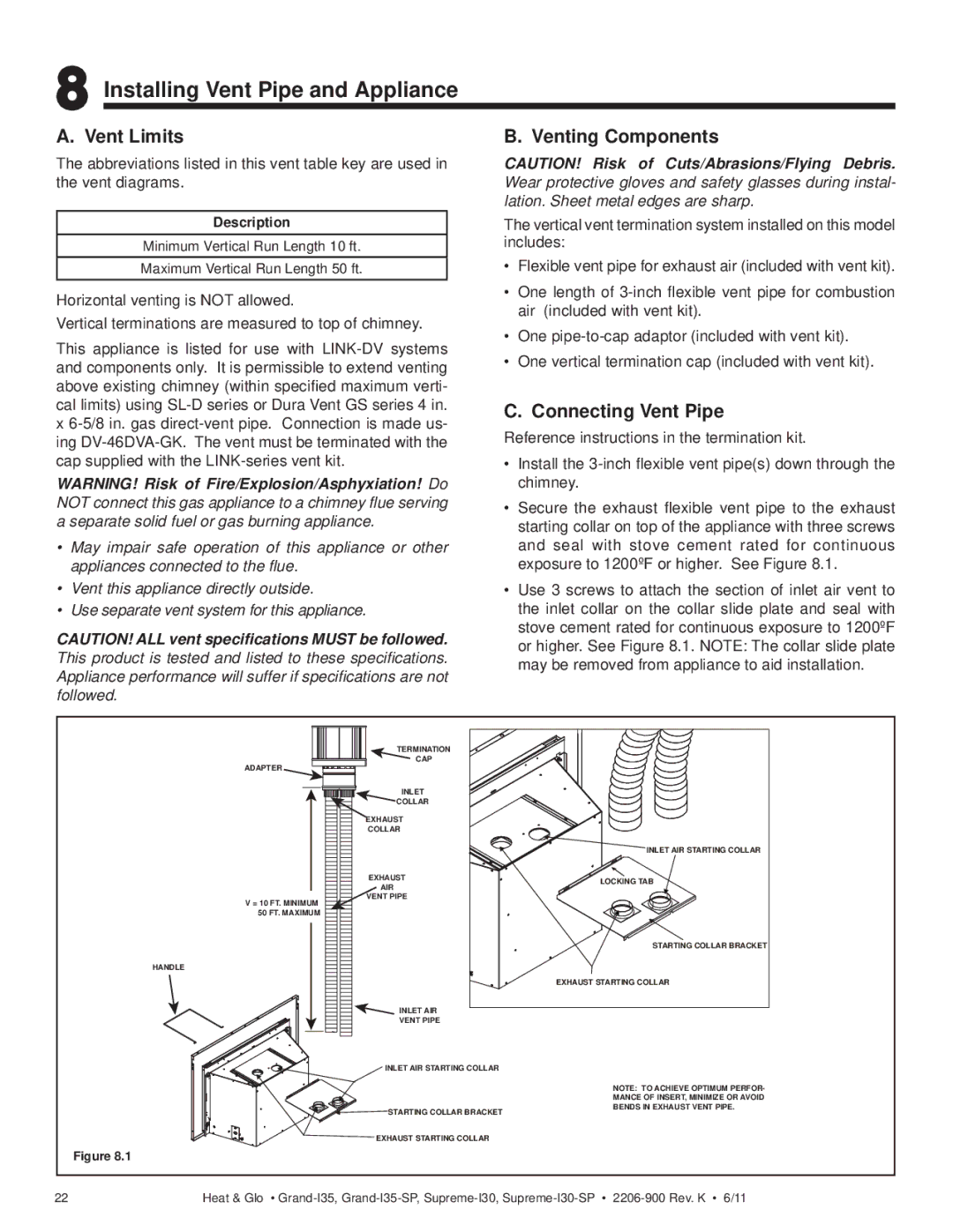 Heat & Glo LifeStyle GRAND-I35 Installing Vent Pipe and Appliance, Vent Limits, Venting Components, Connecting Vent Pipe 