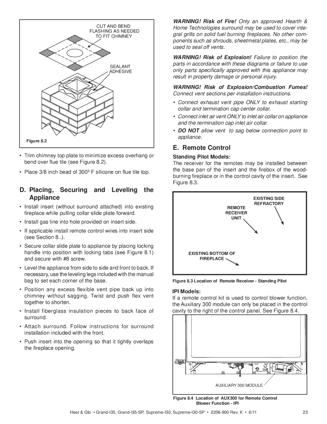 Heat & Glo LifeStyle GRAND-I35-SP Placing, Securing and Leveling the Appliance, Standing Pilot Models, IPI Models 