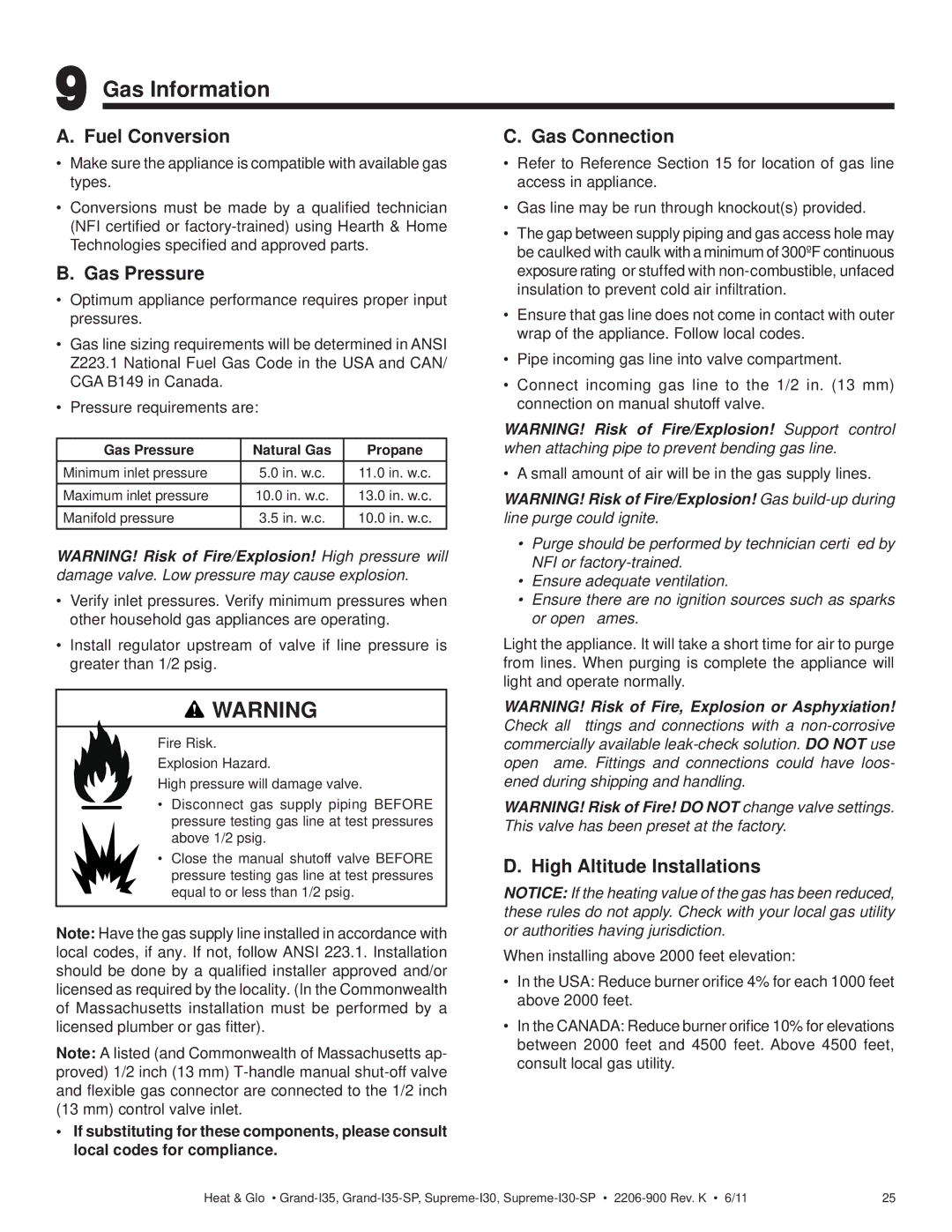 Heat & Glo LifeStyle SUPREME-I30-SP, GRAND-I35 Gas Information, Fuel Conversion, Gas Pressure, Gas Connection 