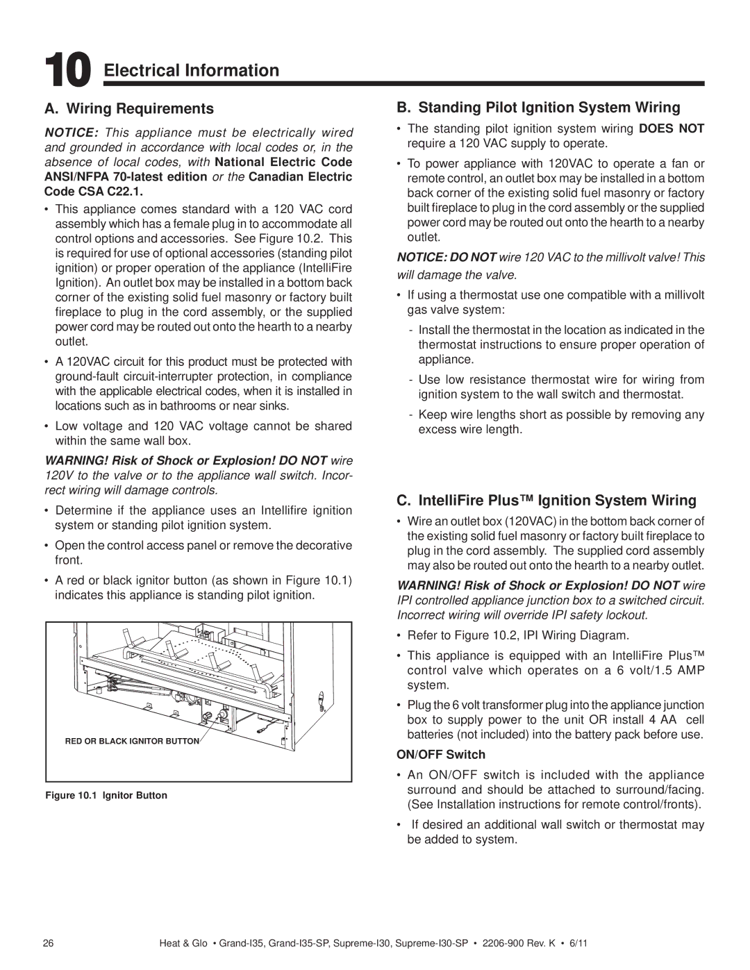 Heat & Glo LifeStyle GRAND-I35 Electrical Information, Wiring Requirements, Standing Pilot Ignition System Wiring 