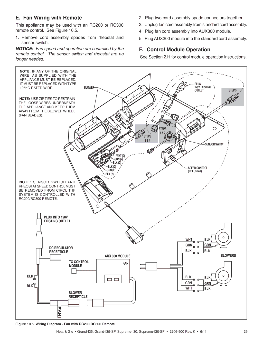 Heat & Glo LifeStyle SUPREME-I30-SP, GRAND-I35 Fan Wiring with Remote, See .H for control module operation instructions 