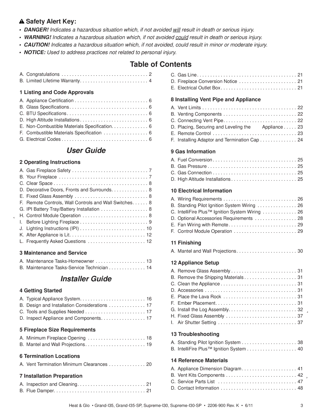 Heat & Glo LifeStyle GRAND-I35-SP, SUPREME-I30-SP owner manual Table of Contents, User Guide 