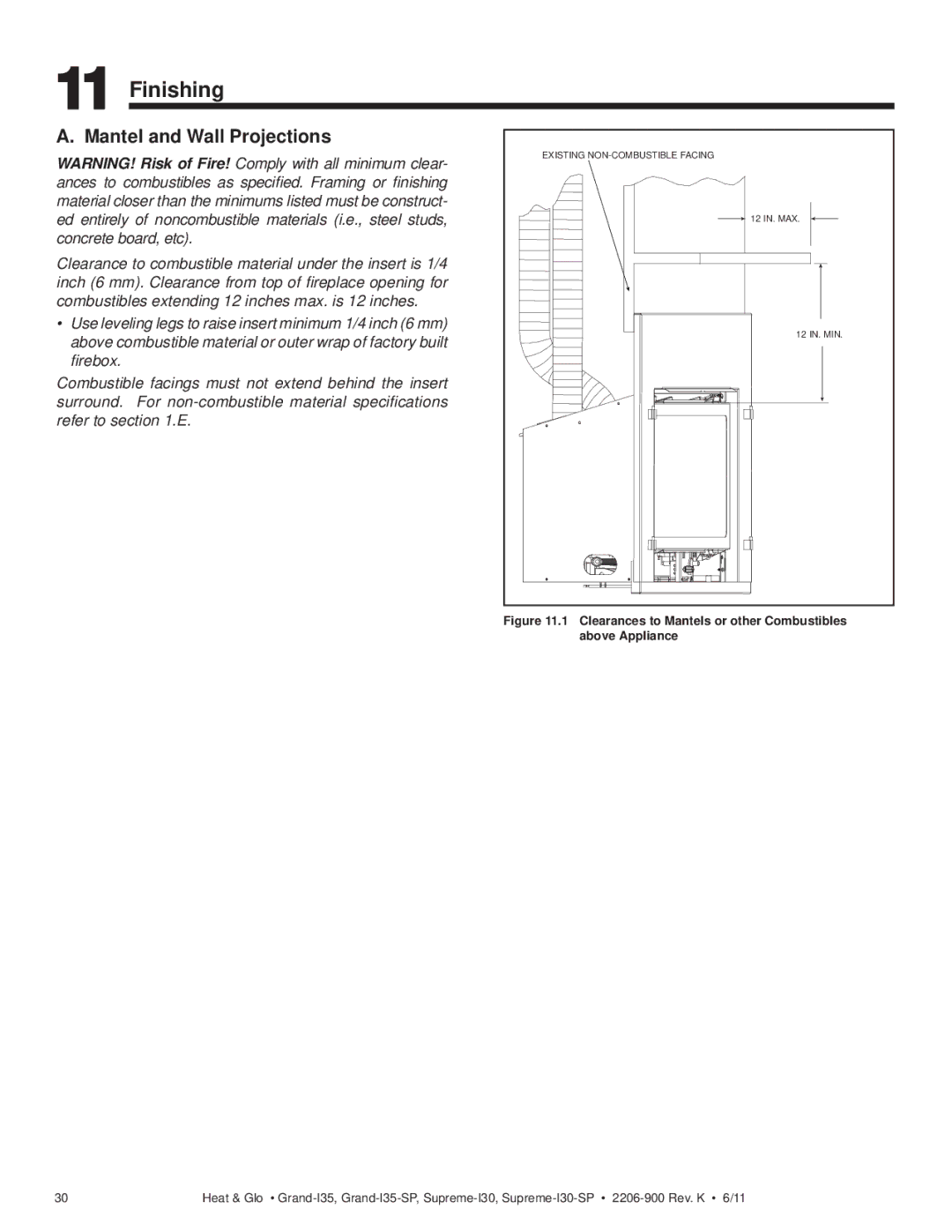 Heat & Glo LifeStyle GRAND-I35, SUPREME-I30-SP Finishing, Clearances to Mantels or other Combustibles above Appliance 