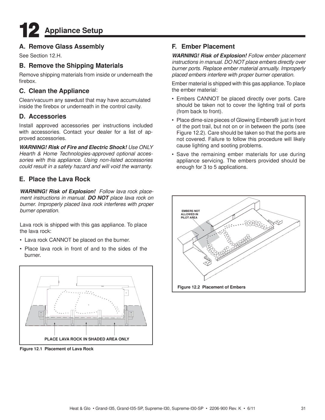 Heat & Glo LifeStyle GRAND-I35-SP, SUPREME-I30-SP owner manual Appliance Setup 