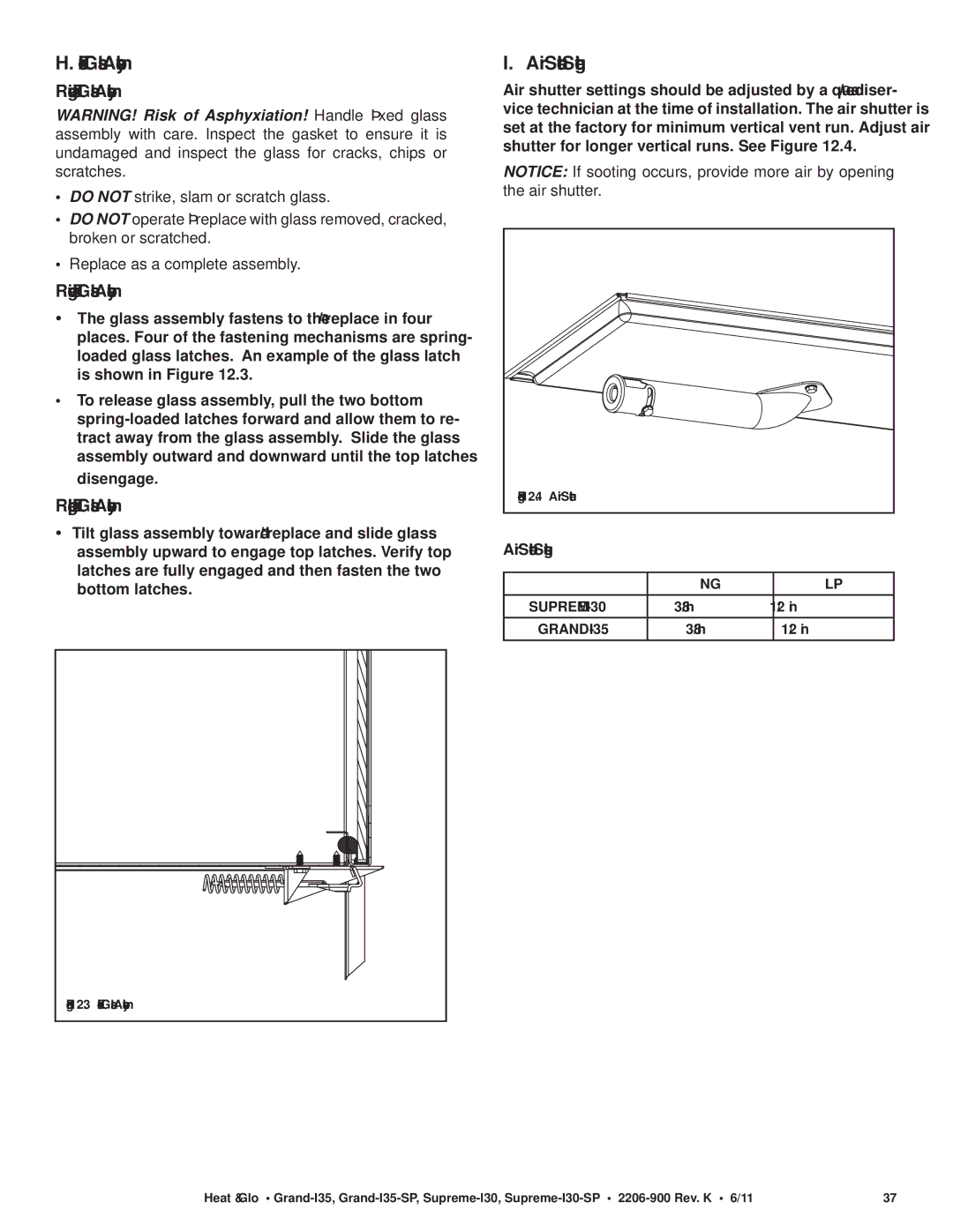 Heat & Glo LifeStyle SUPREME-I30-SP, GRAND-I35-SP owner manual Air Shutter Settings 