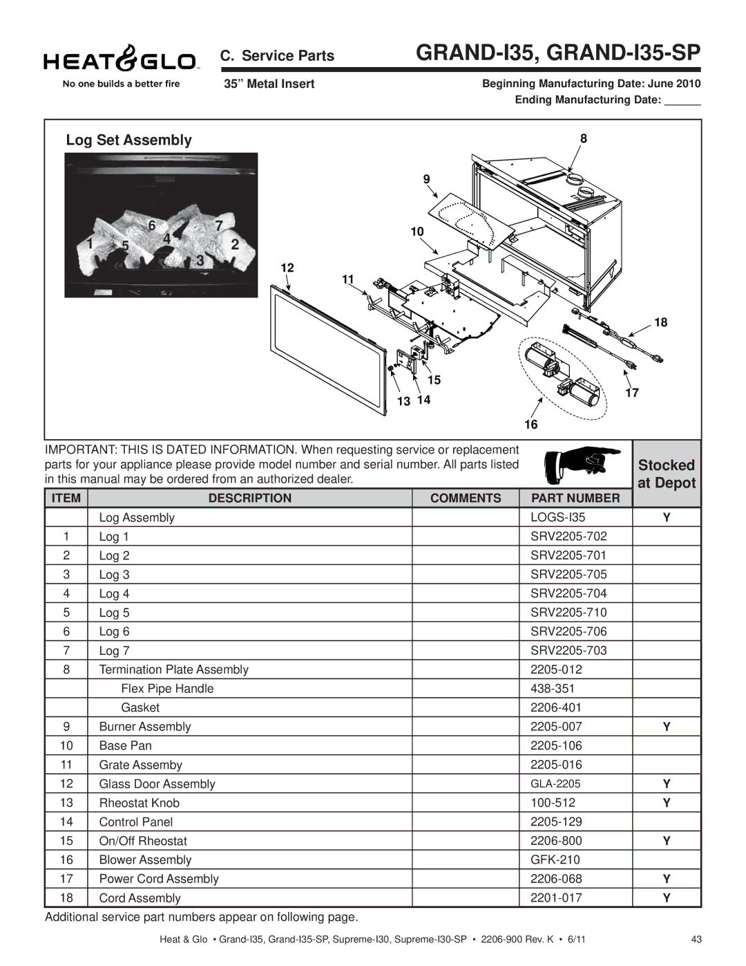 Heat & Glo LifeStyle GRAND-I35-SP Service Parts, Log Set Assembly, Stocked, At Depot, Description Comments Part Number 