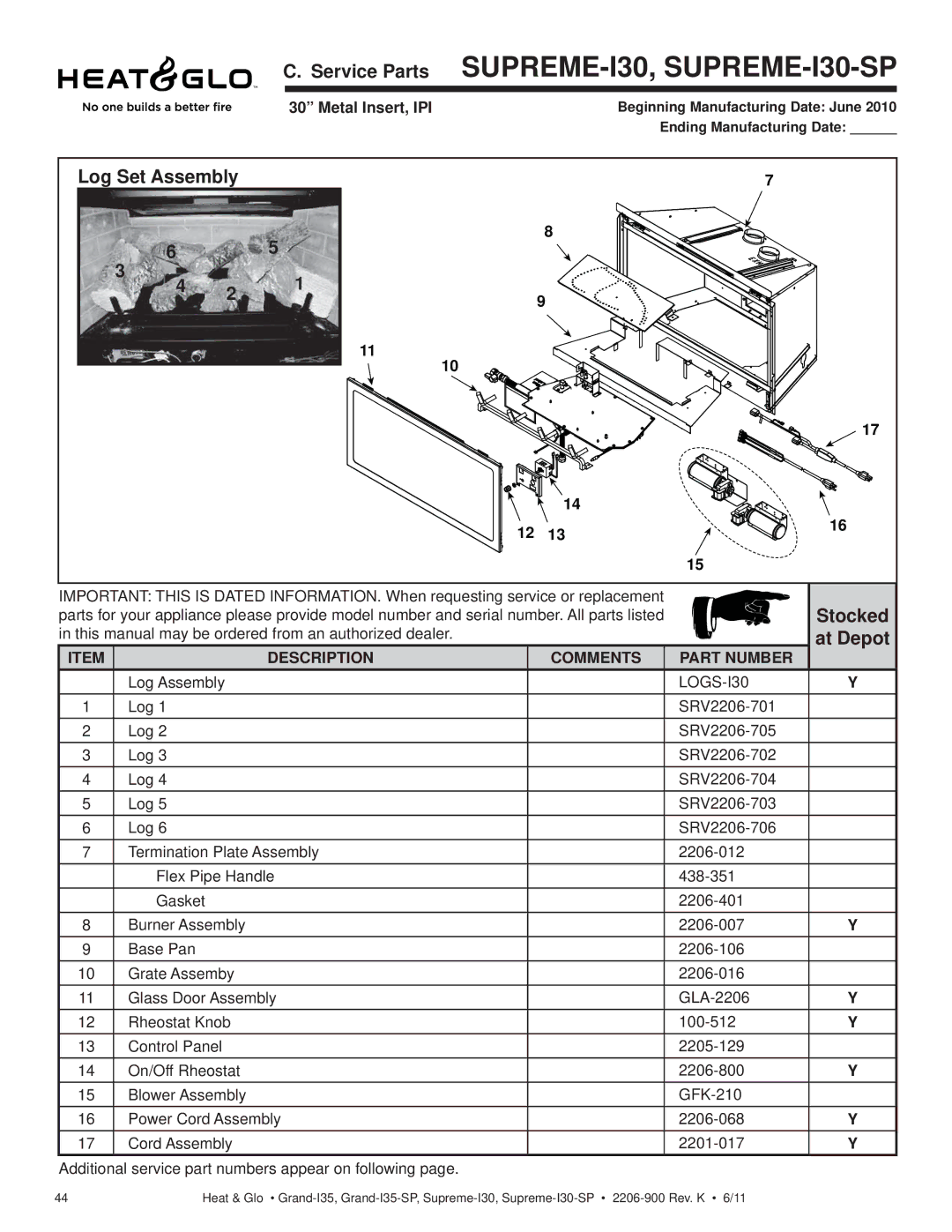 Heat & Glo LifeStyle GRAND-I35-SP owner manual Service Parts SUPREME-I30, SUPREME-I30-SP, Metal Insert, IPI 