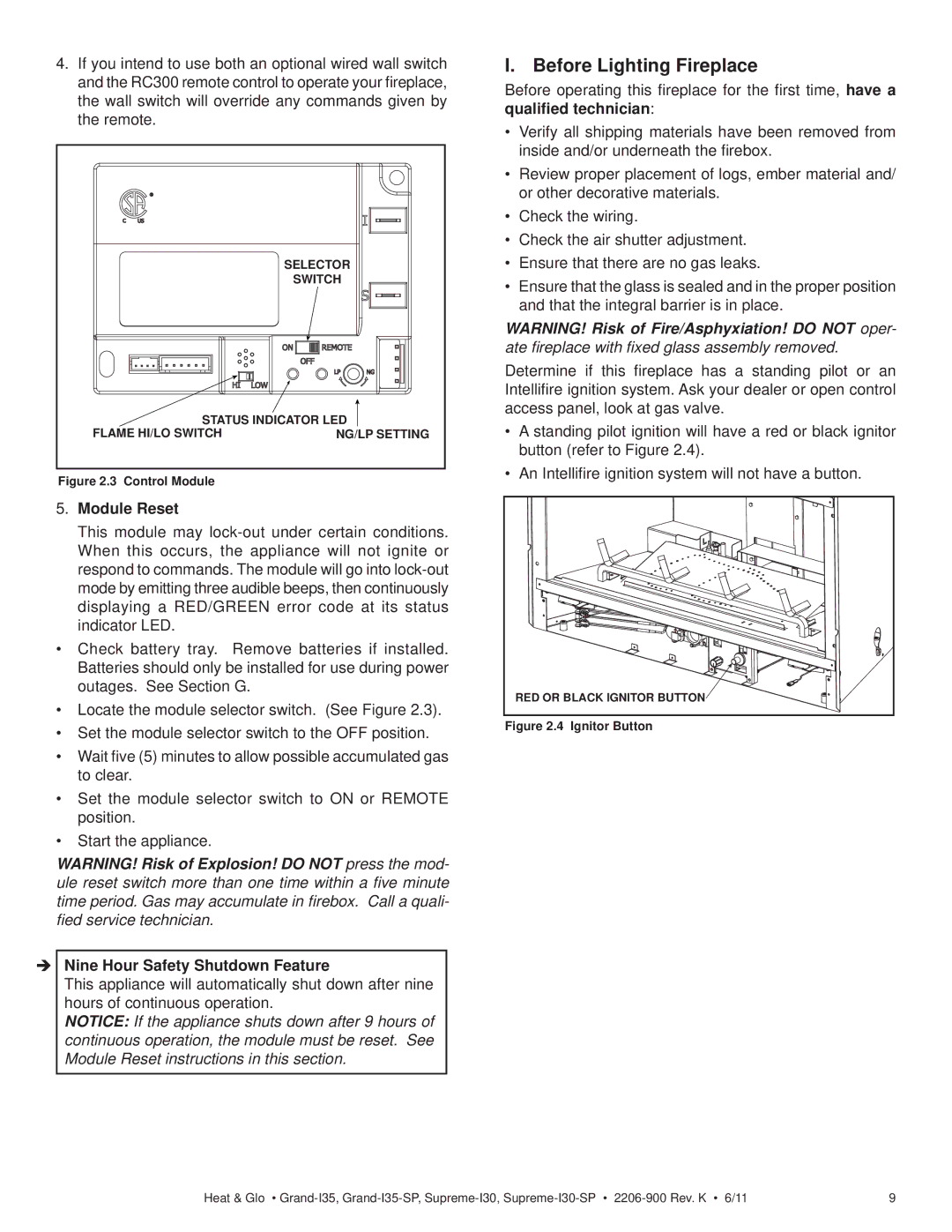 Heat & Glo LifeStyle SUPREME-I30, GRAND-I35 Before Lighting Fireplace, Module Reset,  Nine Hour Safety Shutdown Feature 