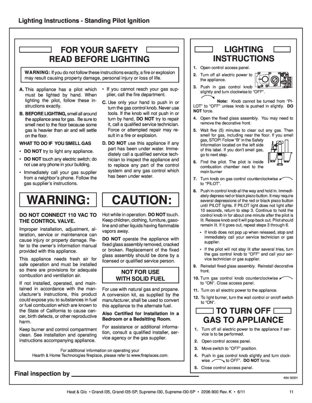 Heat & Glo LifeStyle GRAND-I35-SP, SUPREME-I30-SP Lighting Instructions - Standing Pilot Ignition, Warning Caution 