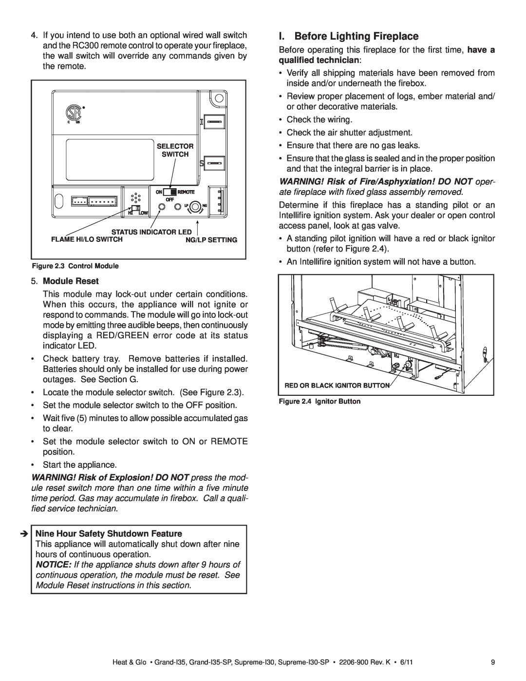 Heat & Glo LifeStyle SUPREME-I30, GRAND-I35 I. Before Lighting Fireplace, Module Reset, Nine Hour Safety Shutdown Feature 