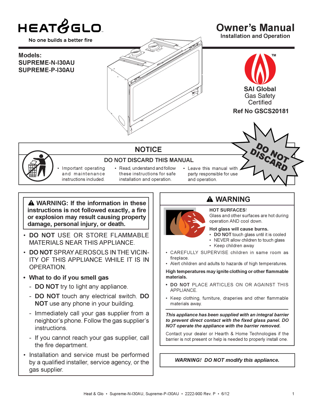 Heat & Glo LifeStyle owner manual Models SUPREME-N-I30AU SUPREME-P-I30AU, SAI Global Ref No GSCS20181, HOT Surfaces 