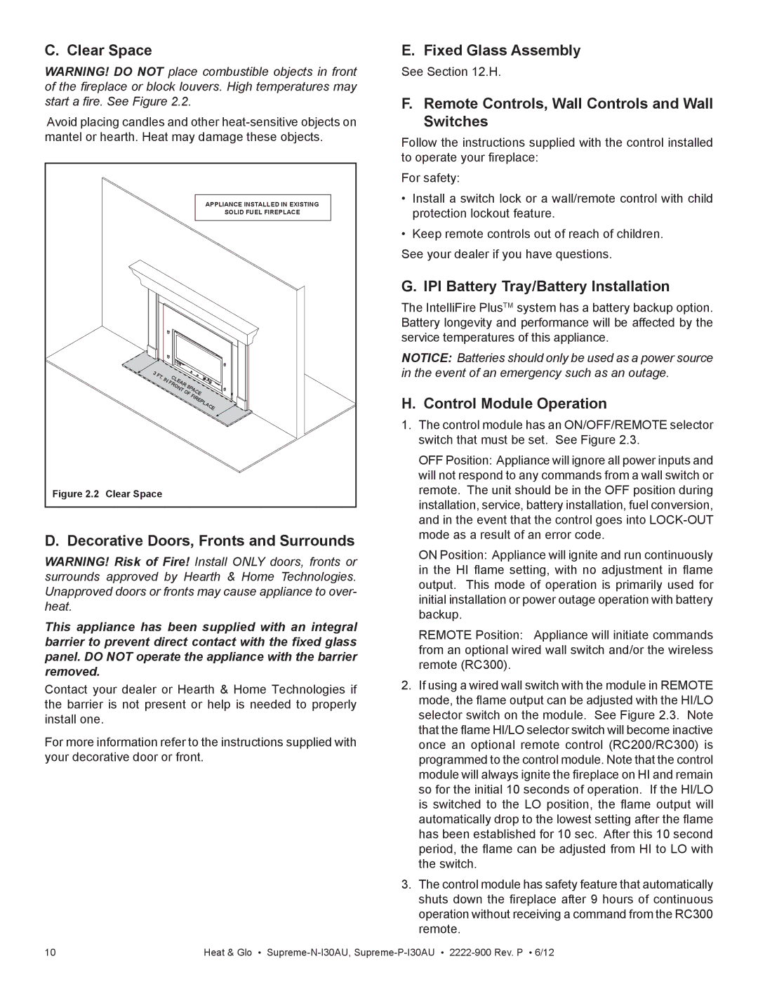 Heat & Glo LifeStyle SUPREME-P-I30AU owner manual Clear Space, Decorative Doors, Fronts and Surrounds, Fixed Glass Assembly 