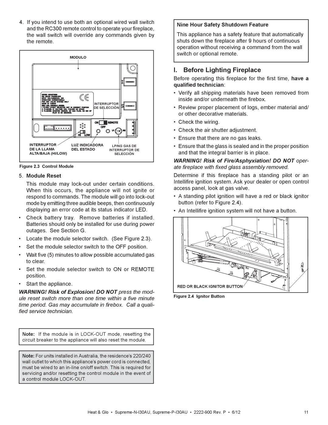 Heat & Glo LifeStyle SUPREME-N-I30AU Before Lighting Fireplace, Module Reset, Nine Hour Safety Shutdown Feature 