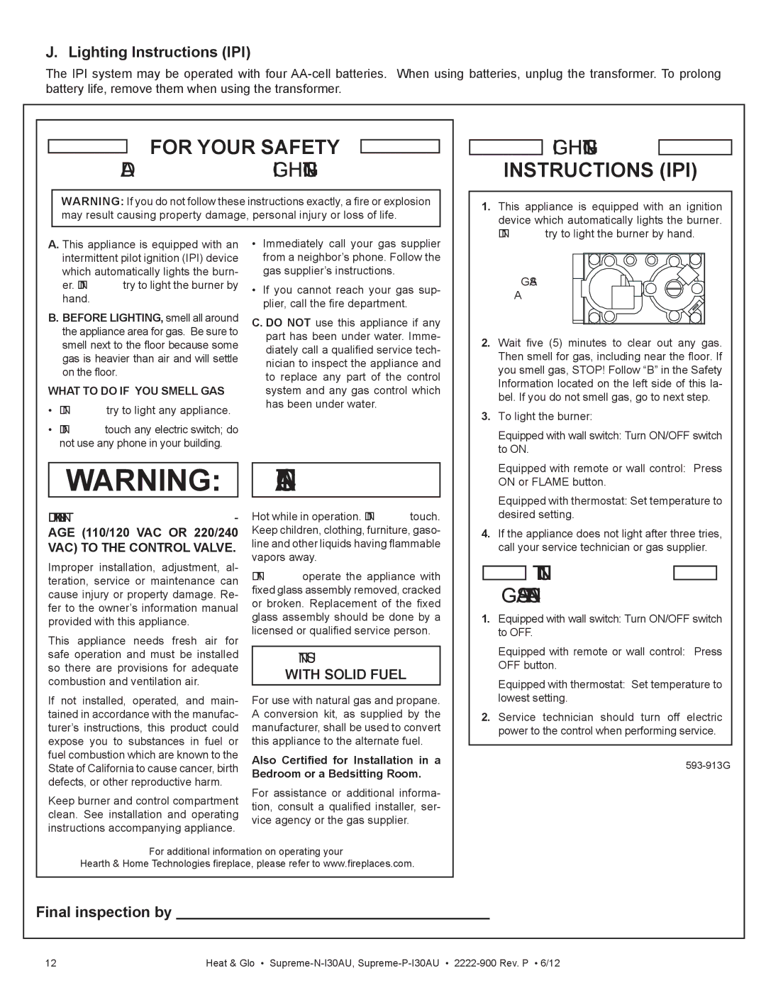 Heat & Glo LifeStyle SUPREME-P-I30AU Lighting Instructions IPI, Final inspection by, What to do if YOU Smell GAS 