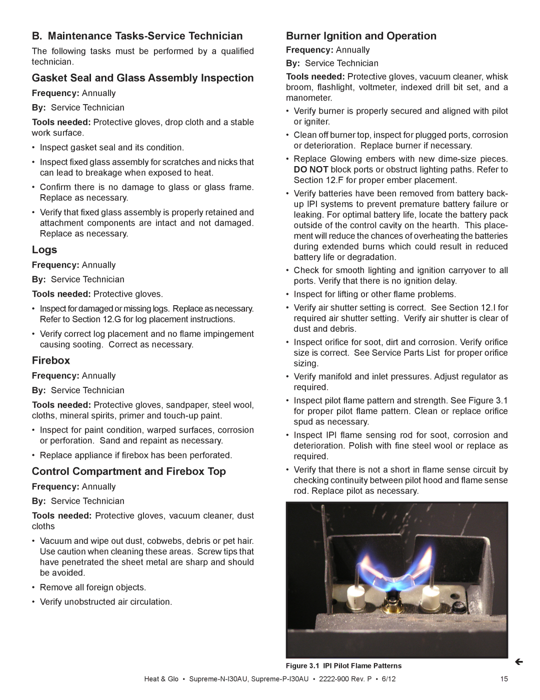 Heat & Glo LifeStyle SUPREME-N-I30AU Maintenance Tasks-Service Technician, Gasket Seal and Glass Assembly Inspection, Logs 