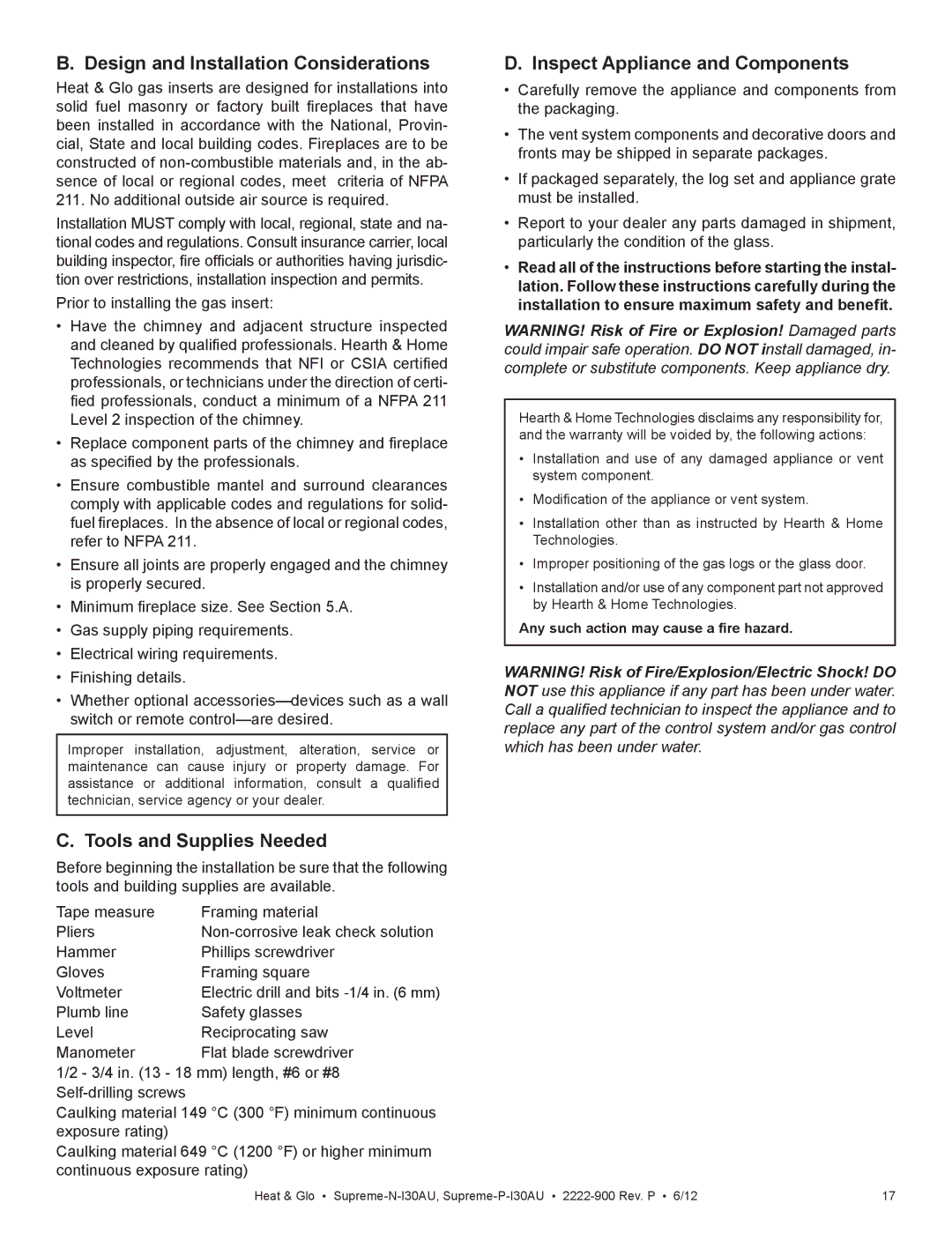 Heat & Glo LifeStyle SUPREME-N-I30AU, SUPREME-P-I30AU Design and Installation Considerations, Tools and Supplies Needed 