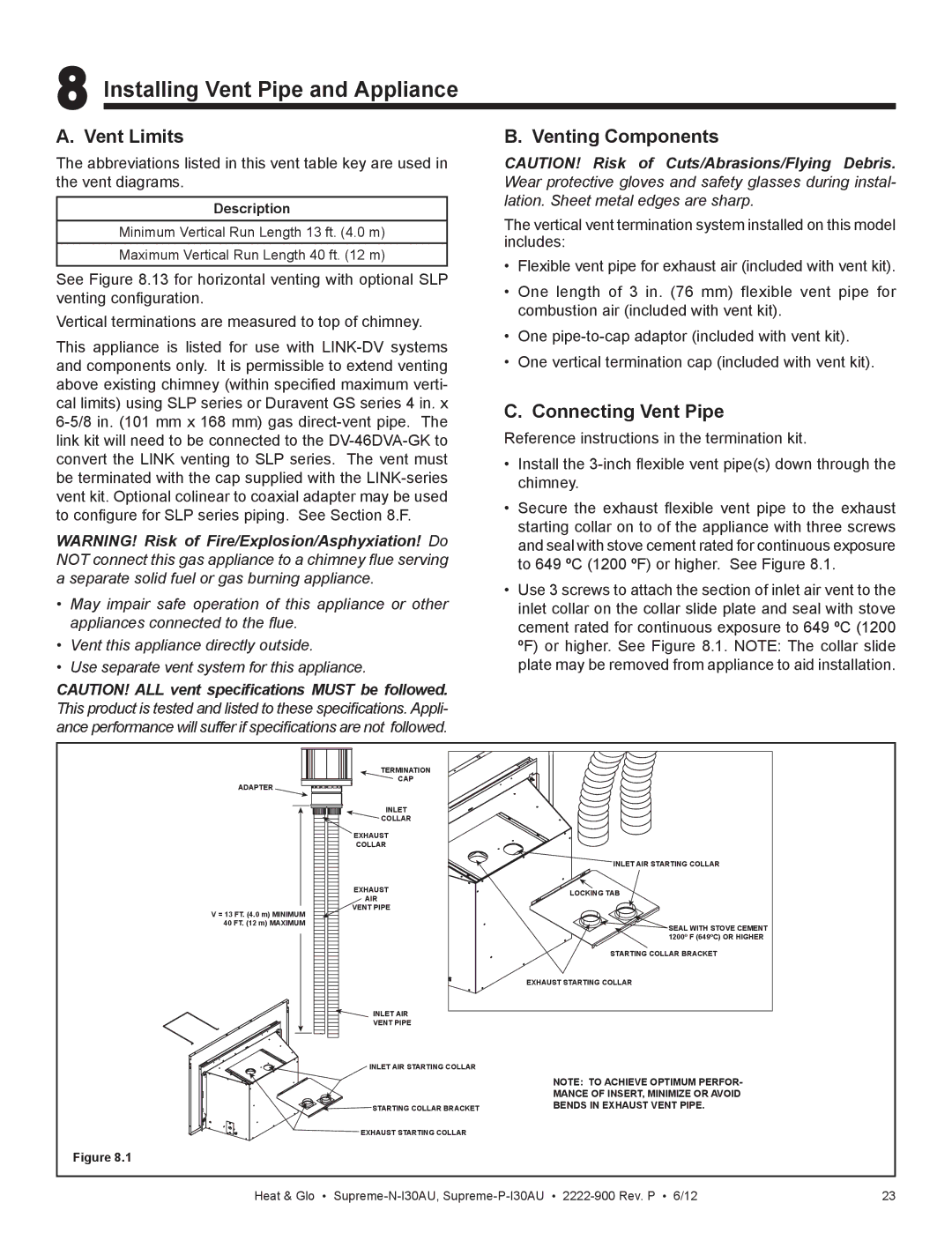 Heat & Glo LifeStyle SUPREME-N-I30AU, SUPREME-P-I30AU Installing Vent Pipe and Appliance, Vent Limits, Venting Components 