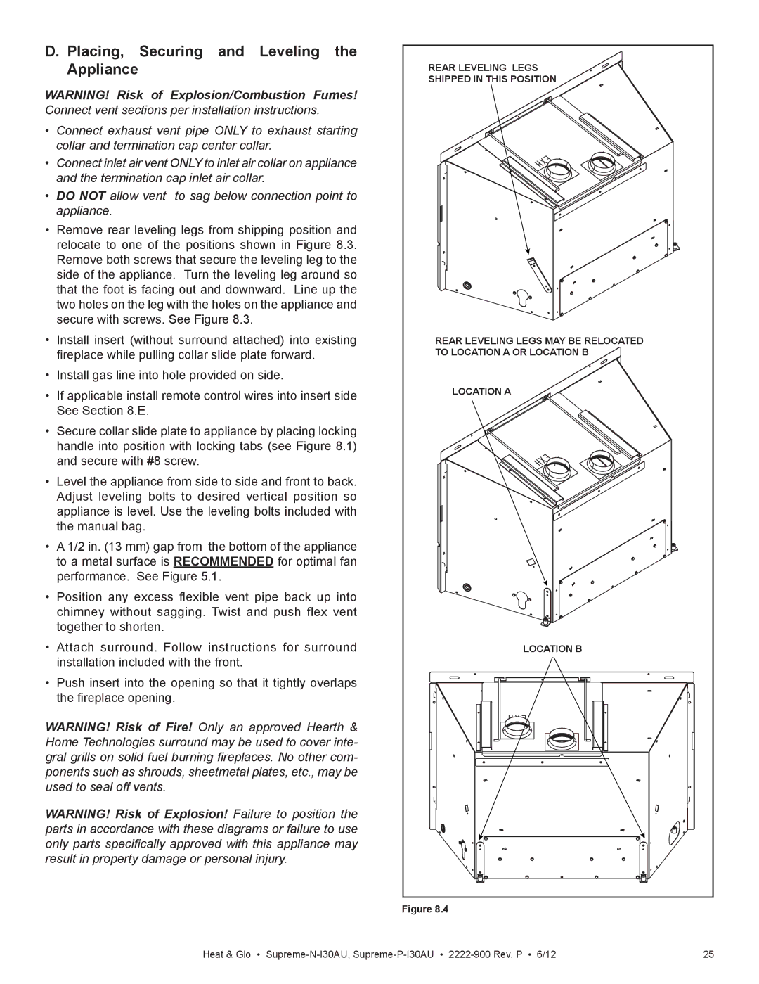 Heat & Glo LifeStyle SUPREME-N-I30AU, SUPREME-P-I30AU owner manual Placing, Securing and Leveling Appliance 