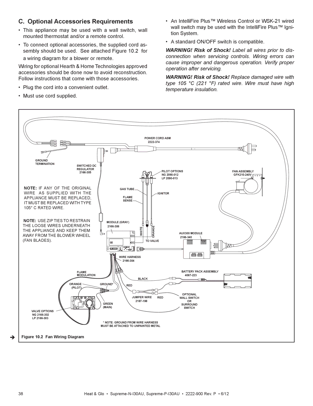 Heat & Glo LifeStyle SUPREME-P-I30AU, SUPREME-N-I30AU owner manual Optional Accessories Requirements, Fan Wiring Diagram 