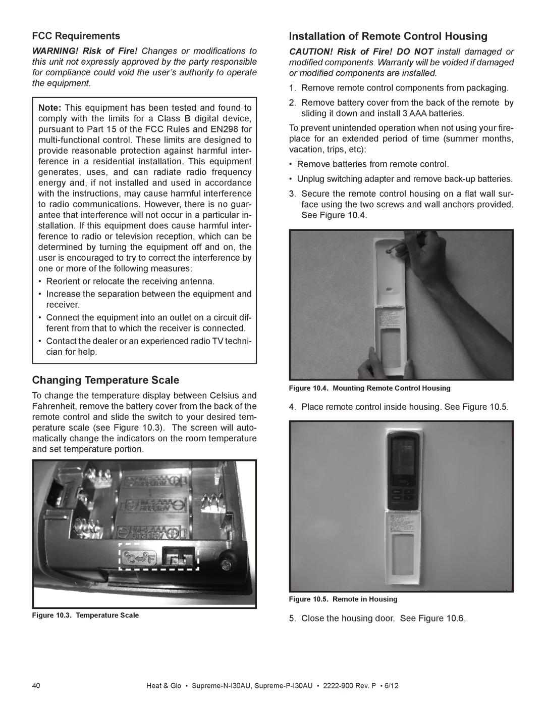 Heat & Glo LifeStyle SUPREME-P-I30AU, SUPREME-N-I30AU Changing Temperature Scale, Installation of Remote Control Housing 