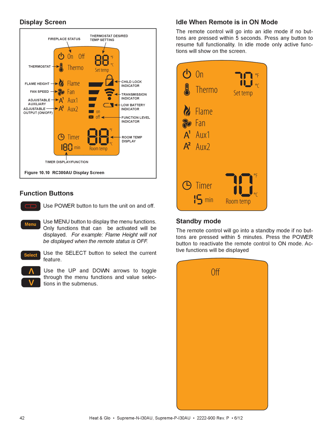 Heat & Glo LifeStyle SUPREME-P-I30AU Display Screen, Function Buttons, Idle When Remote is in on Mode, Standby mode 