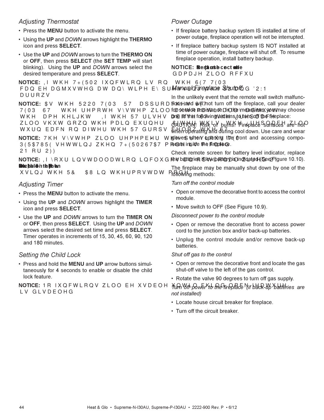 Heat & Glo LifeStyle SUPREME-P-I30AU Adjusting Thermostat, Adjusting Timer, Setting the Child Lock, Power Outage 