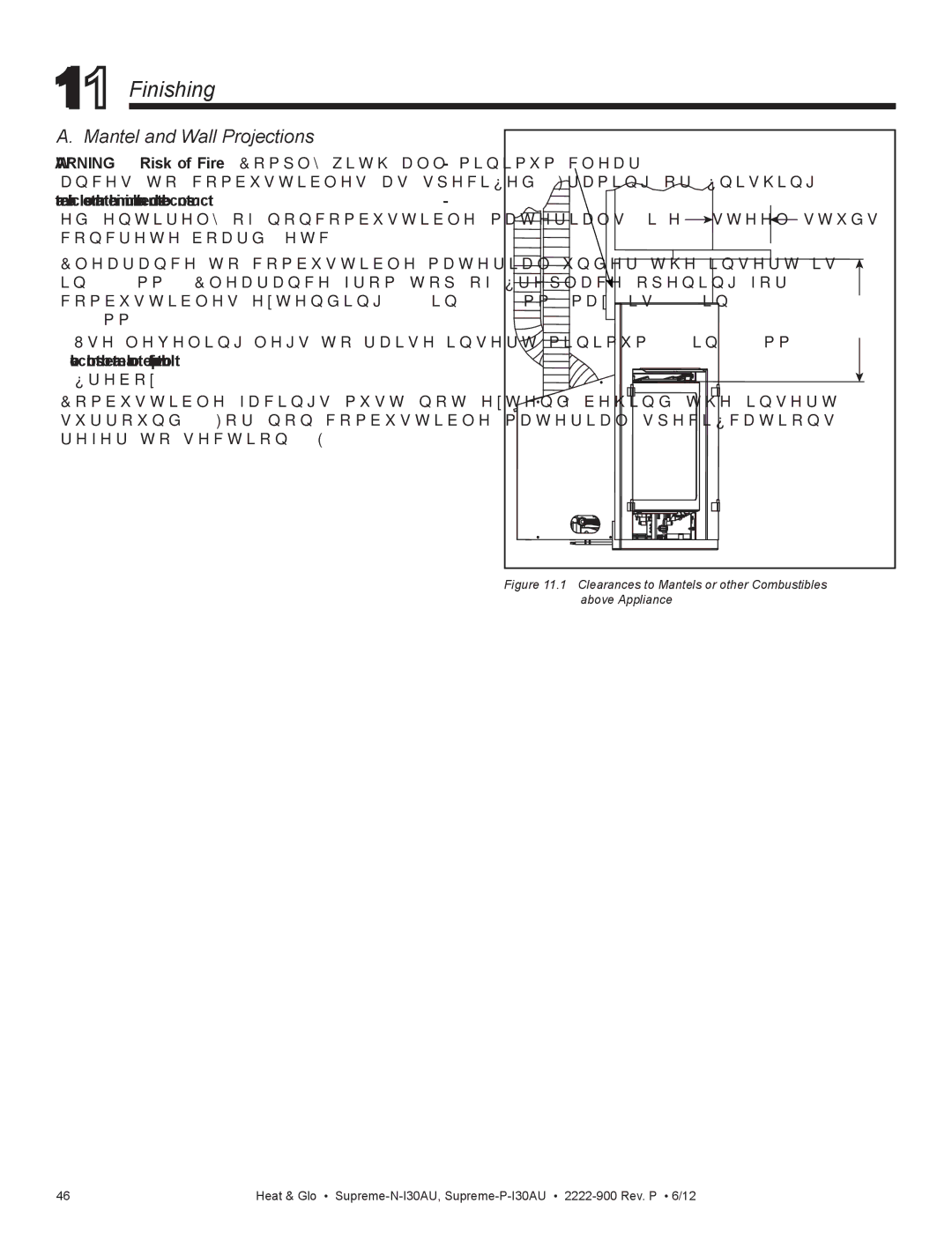 Heat & Glo LifeStyle SUPREME-P-I30AU owner manual Finishing, Clearances to Mantels or other Combustibles above Appliance 