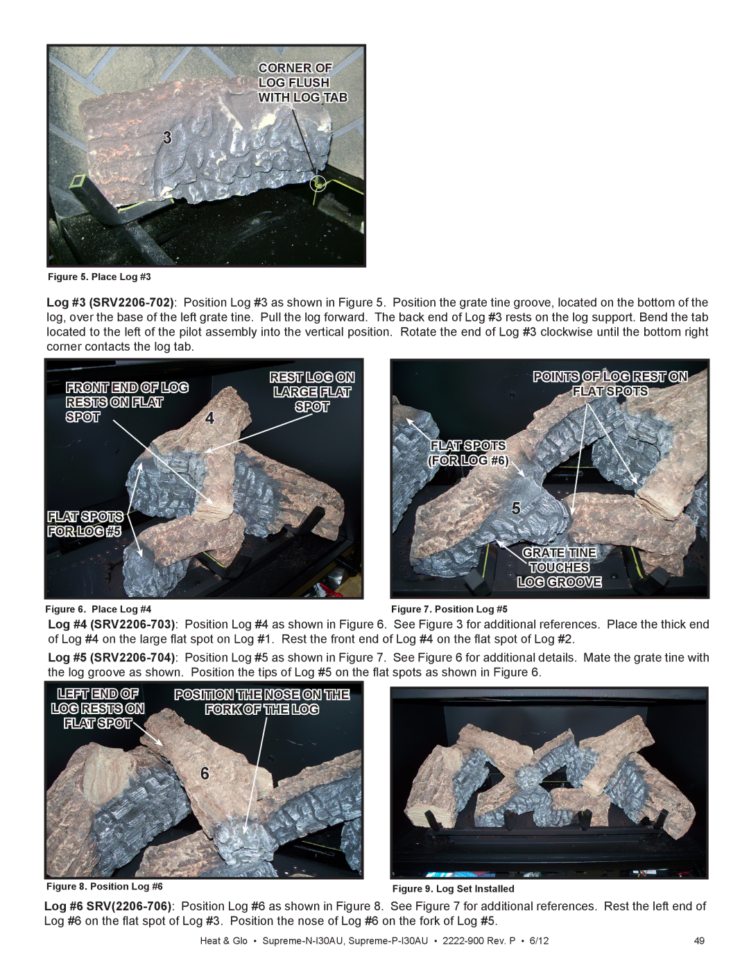 Heat & Glo LifeStyle SUPREME-N-I30AU, SUPREME-P-I30AU owner manual Corner LOG Flush With LOG TAB, For LOG #6 