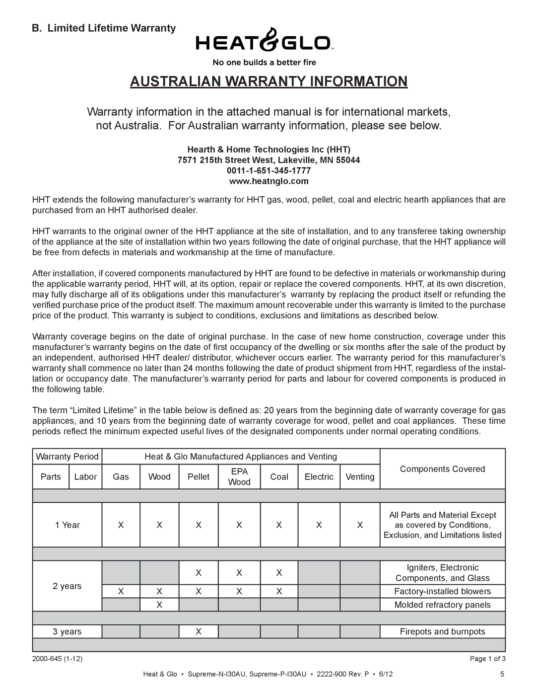 Heat & Glo LifeStyle SUPREME-N-I30AU, SUPREME-P-I30AU Australian Warranty Information, Limited Lifetime Warranty 