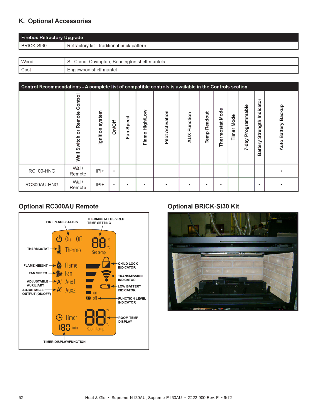 Heat & Glo LifeStyle SUPREME-P-I30AU Optional Accessories, Optional RC300AU Remote Optional BRICK-SI30 Kit, Ipi+ 