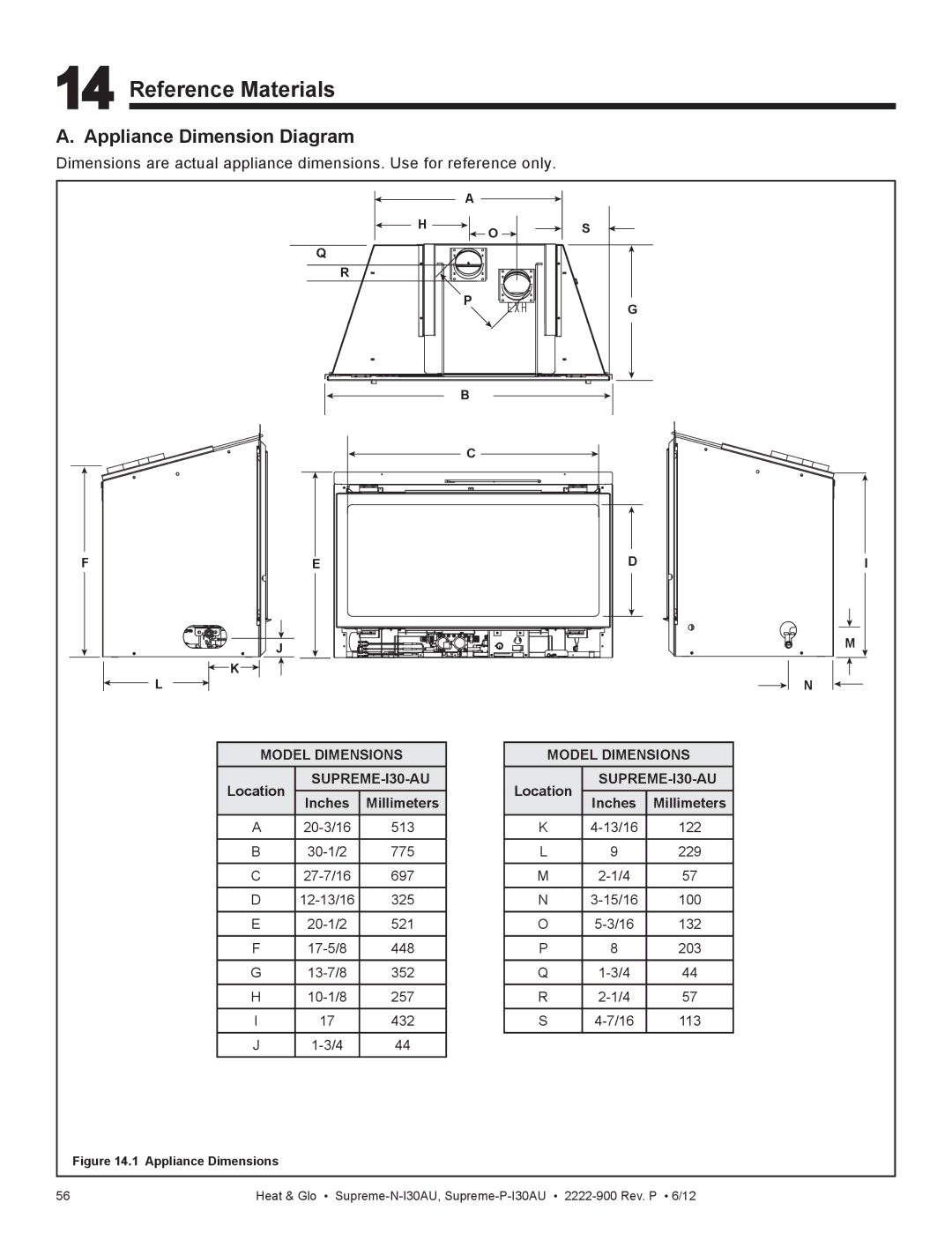 Heat & Glo LifeStyle SUPREME-P-I30AU Reference Materials, Appliance Dimension Diagram, Model Dimensions, SUPREME-I30-AU 