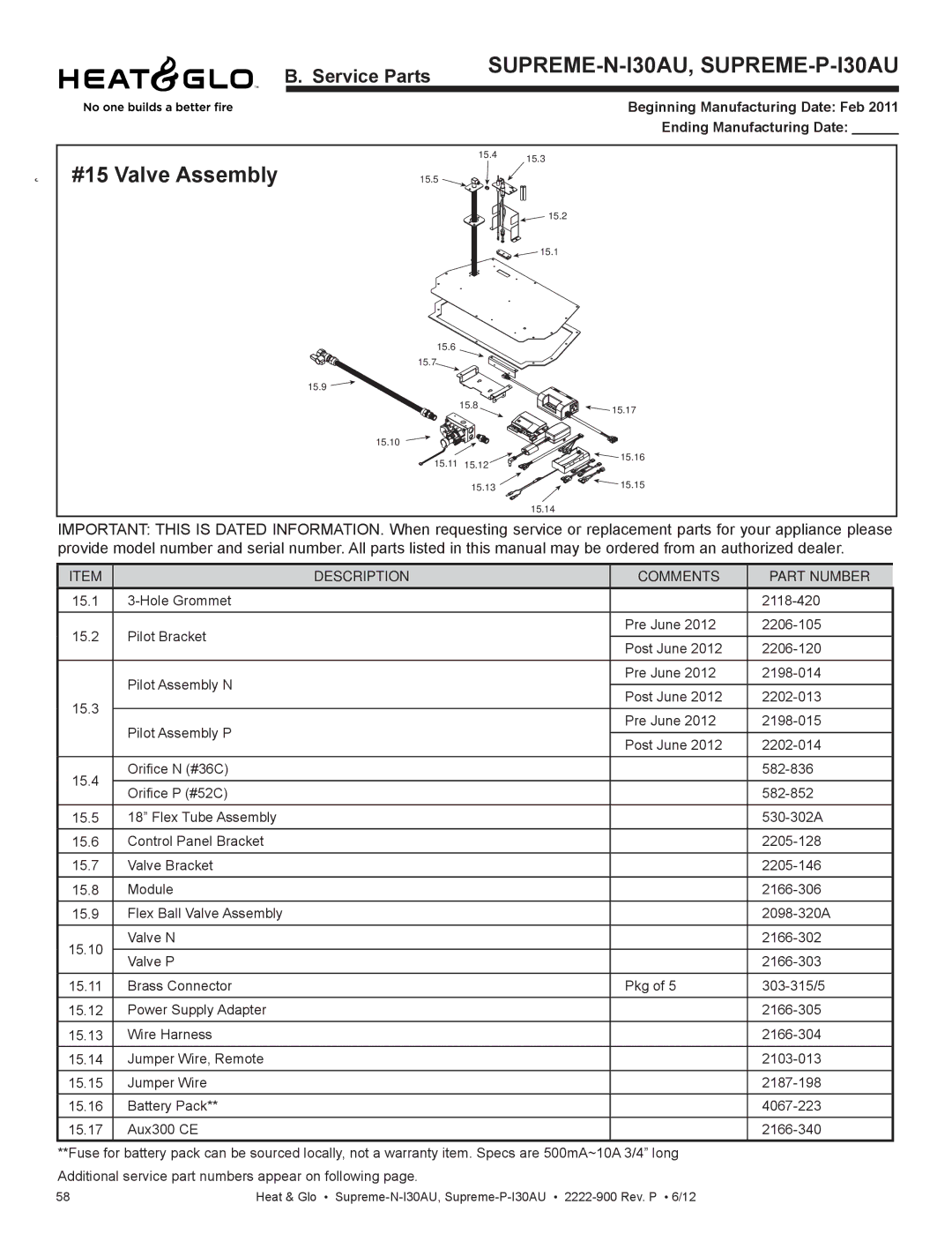 Heat & Glo LifeStyle SUPREME-P-I30AU, SUPREME-N-I30AU owner manual #15 Valve Assembly 