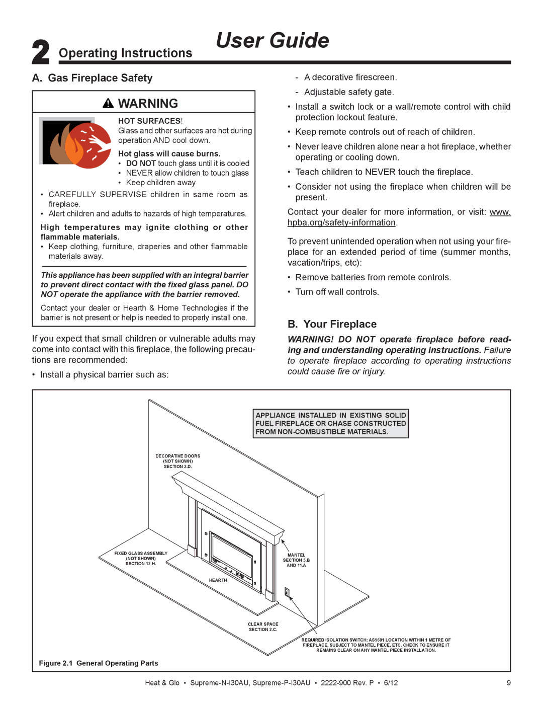 Heat & Glo LifeStyle SUPREME-N-I30AU owner manual Operating Instructions User Guide, Gas Fireplace Safety, Your Fireplace 