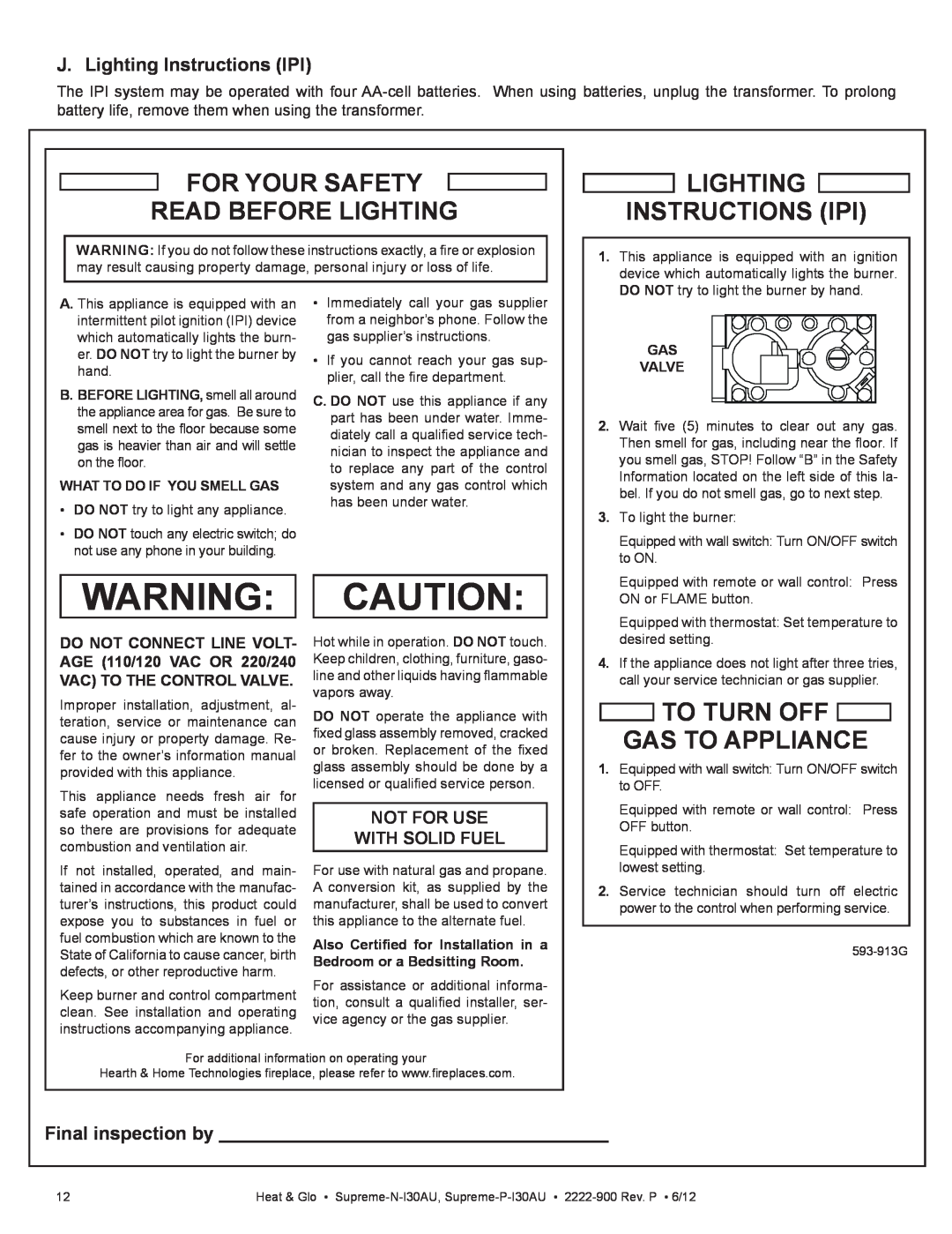 Heat & Glo LifeStyle SUPREME-P-I30AU J. Lighting Instructions IPI, Final inspection by, Lighting Instructions Ipi 