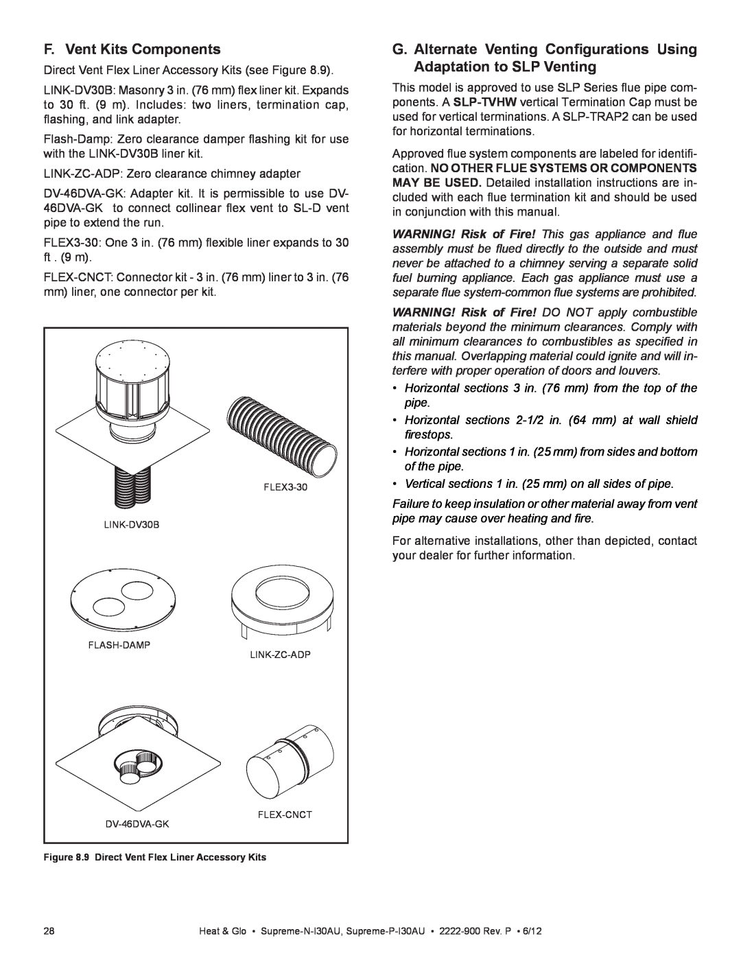 Heat & Glo LifeStyle SUPREME-P-I30AU, SUPREME-N-I30AU owner manual F. Vent Kits Components 