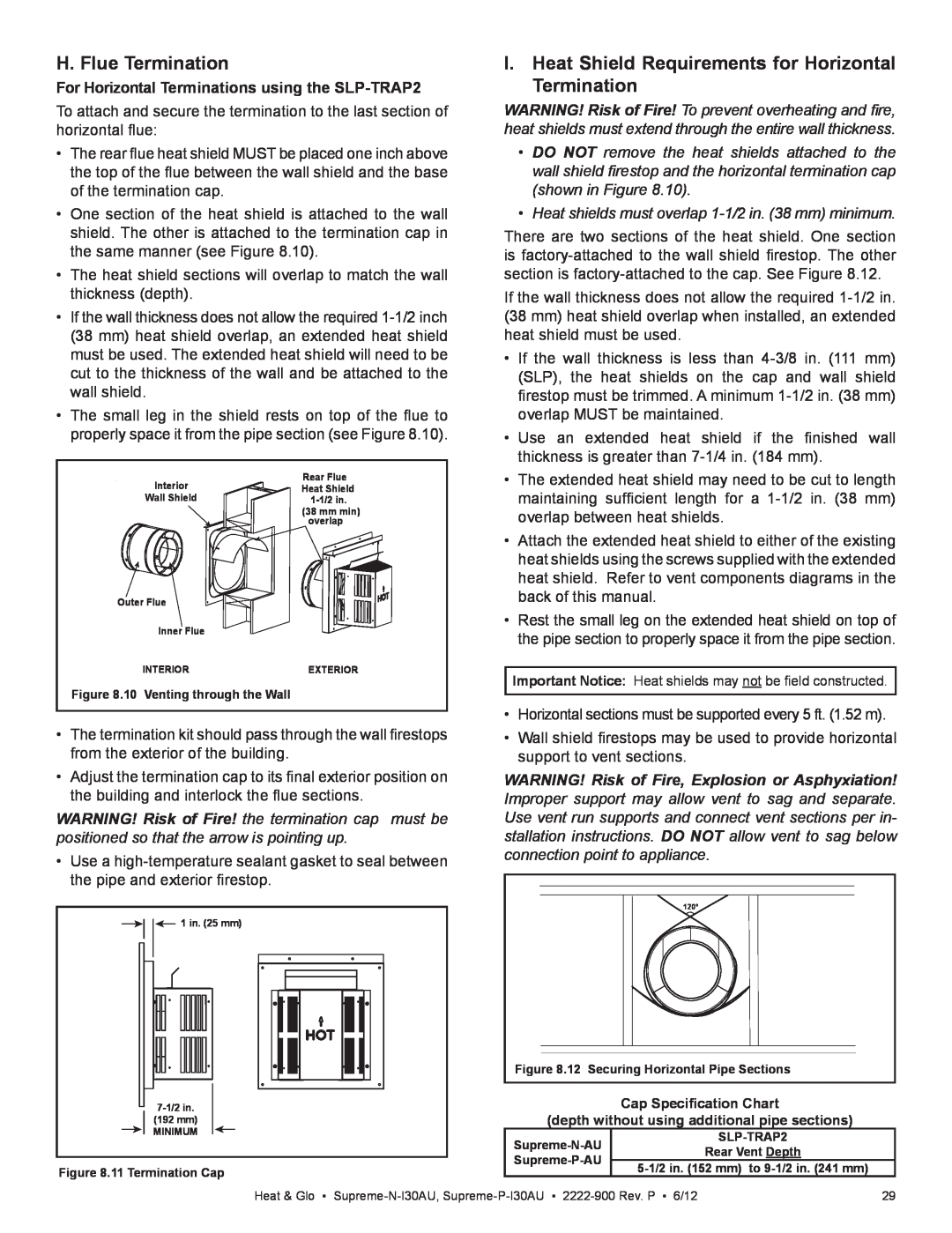 Heat & Glo LifeStyle SUPREME-N-I30AU H. Flue Termination, I. Heat Shield Requirements for Horizontal Termination 