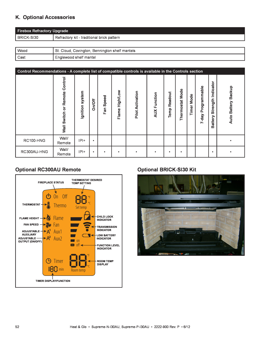 Heat & Glo LifeStyle SUPREME-P-I30AU owner manual K. Optional Accessories, Optional RC300AU Remote, Optional BRICK-SI30 Kit 