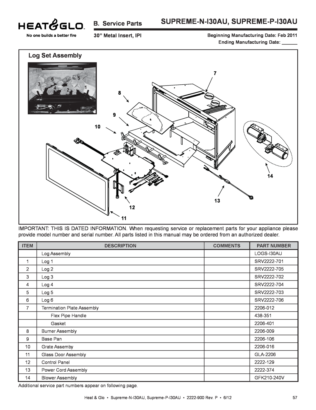 Heat & Glo LifeStyle SUPREME-N-I30AU, SUPREME-P-I30AU, B. Service Parts, Log Set Assembly, 30” Metal Insert, IPI 