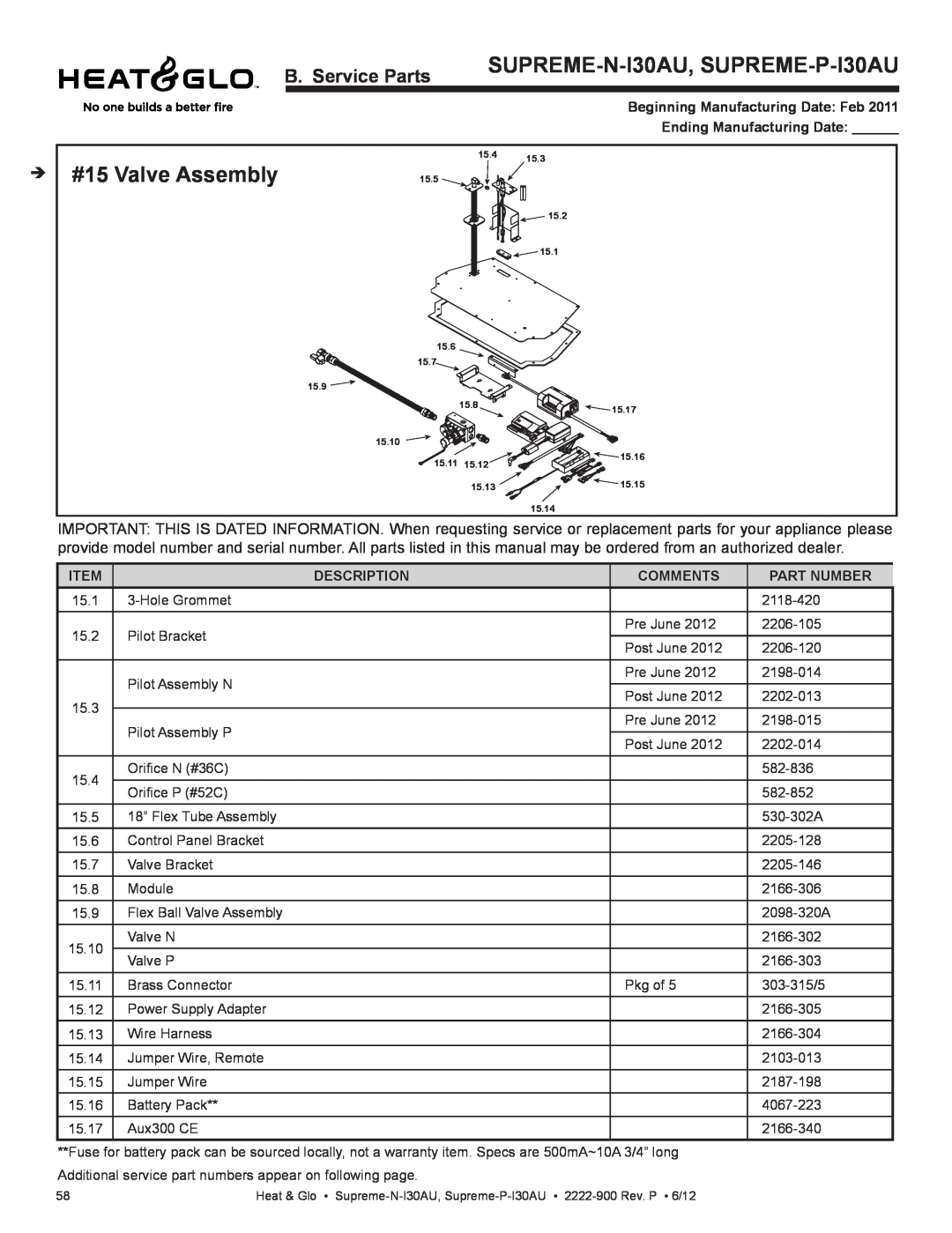 Heat & Glo LifeStyle owner manual #15 Valve Assembly, SUPREME-N-I30AU, SUPREME-P-I30AU, B. Service Parts 