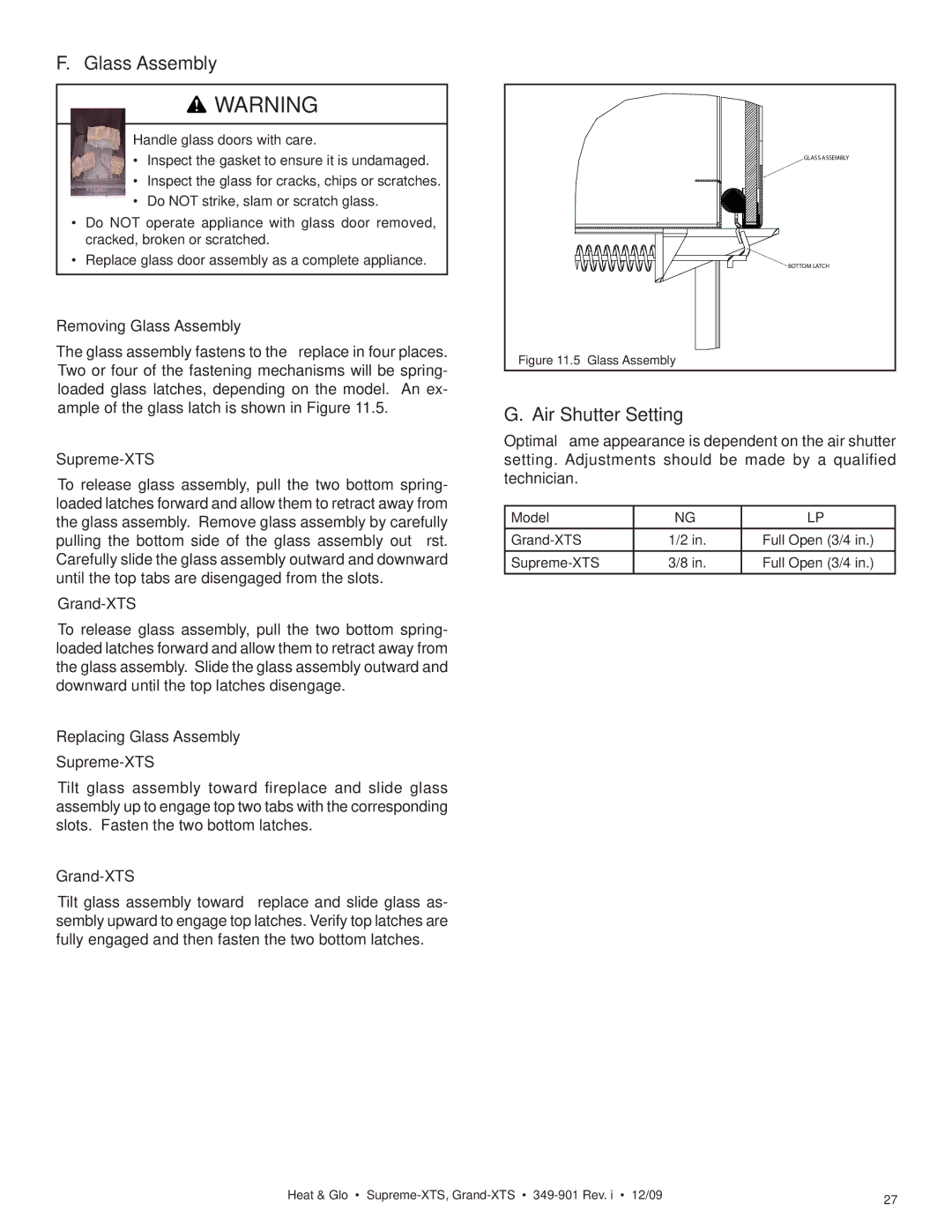 Heat & Glo LifeStyle GRAND-XTS, SUPREME-XTS owner manual Glass Assembly, Air Shutter Setting 