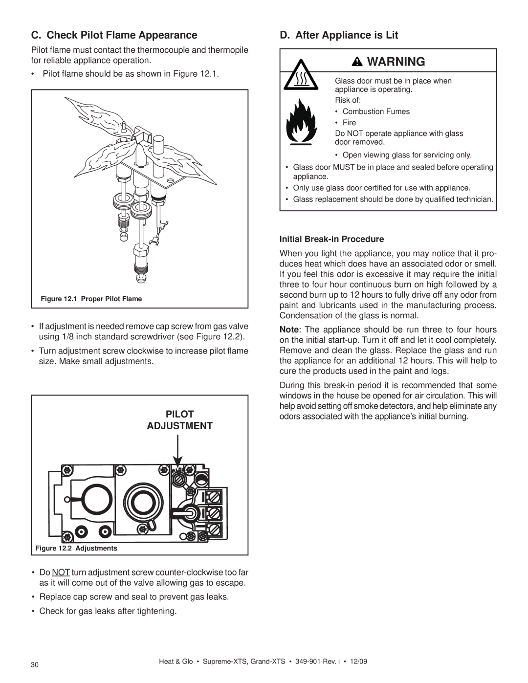 Heat & Glo LifeStyle SUPREME-XTS Check Pilot Flame Appearance, After Appliance is Lit, Initial Break-in Procedure 