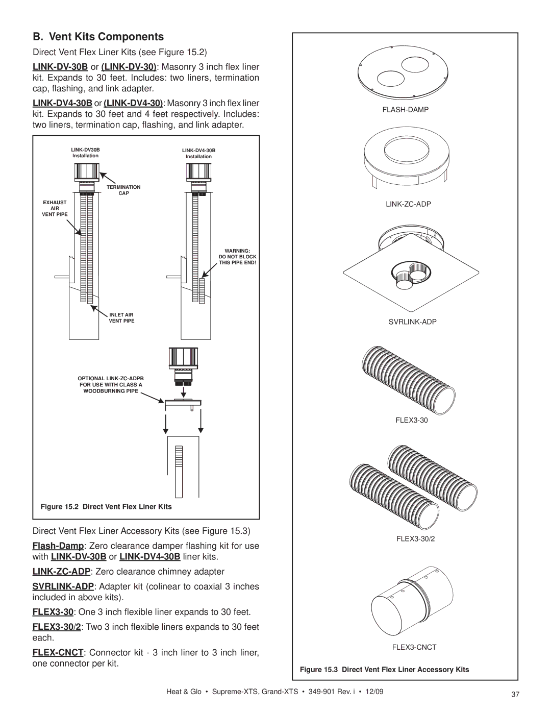 Heat & Glo LifeStyle GRAND-XTS, SUPREME-XTS owner manual Vent Kits Components, Direct Vent Flex Liner Kits 