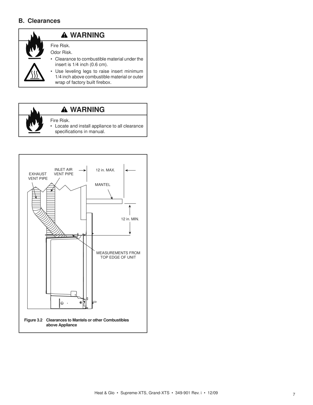 Heat & Glo LifeStyle GRAND-XTS, SUPREME-XTS owner manual Clearances to Mantels or other Combustibles above Appliance 