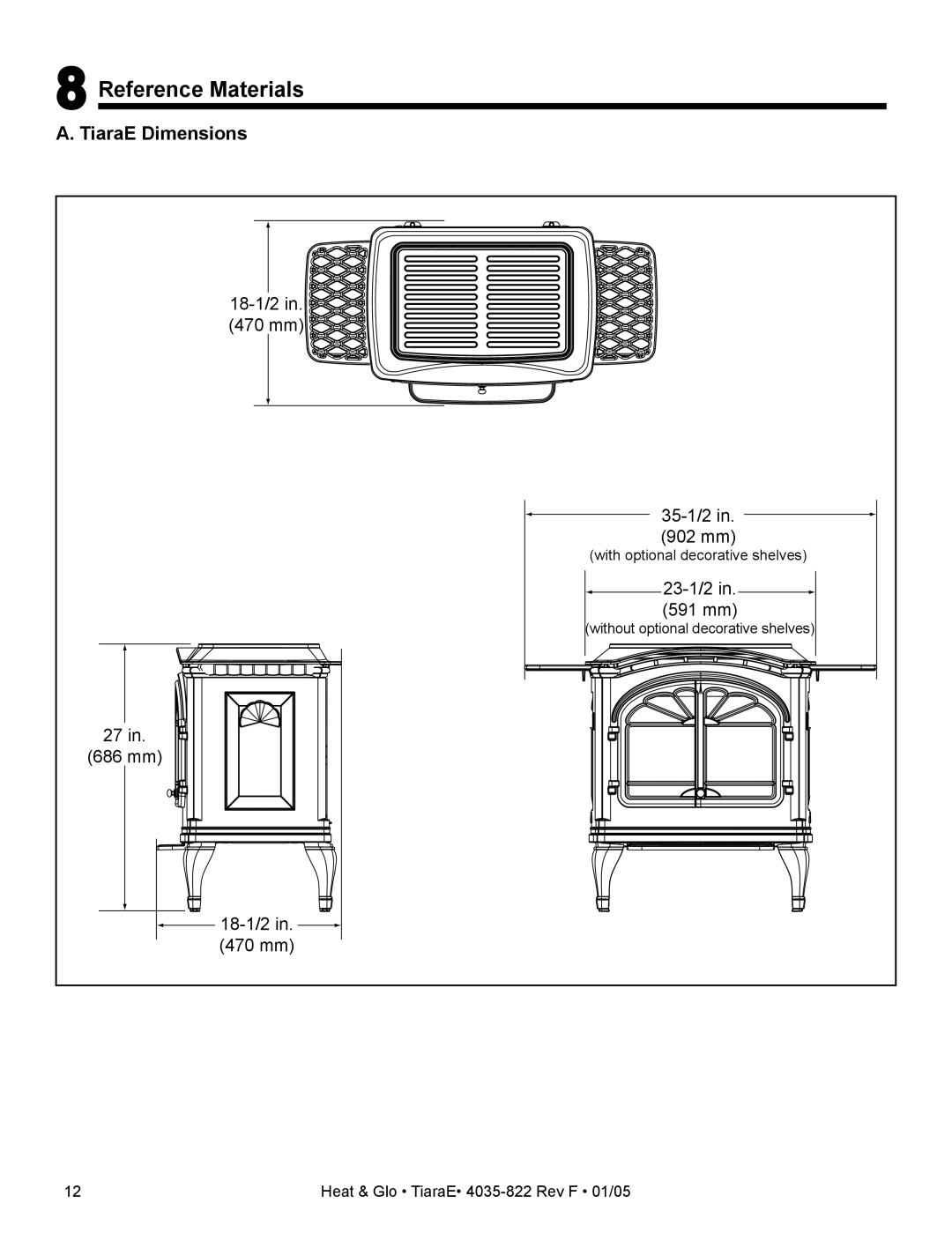 Heat & Glo LifeStyle TiaraE 4035-822 manual Reference Materials, TiaraE Dimensions 