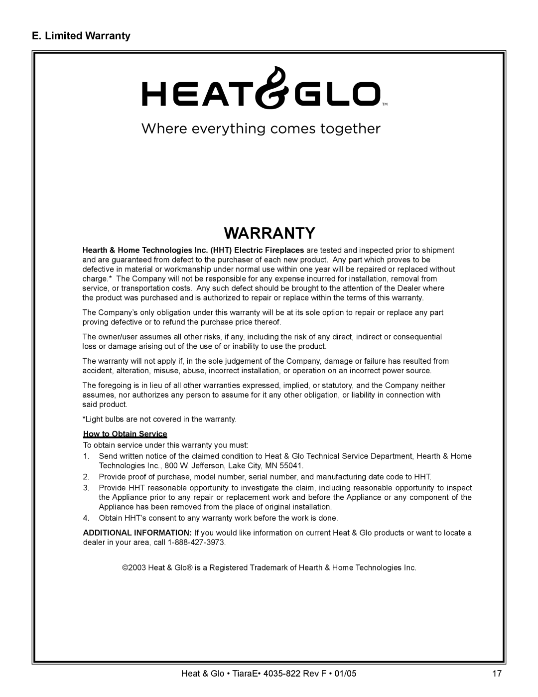 Heat & Glo LifeStyle TiaraE 4035-822 manual Limited Warranty 