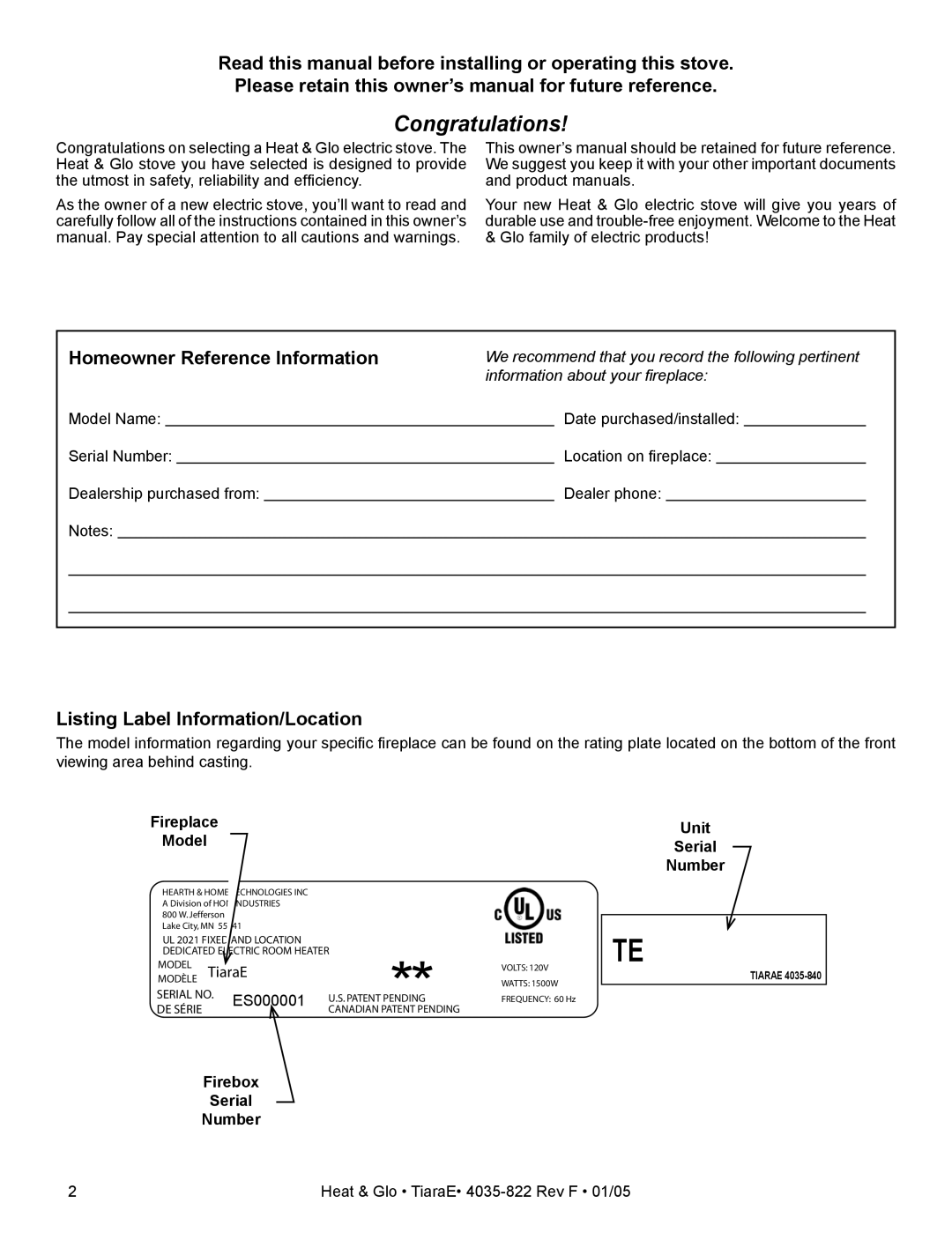 Heat & Glo LifeStyle TiaraE 4035-822 manual Listing Label Information/Location, Fireplace Unit Model, Number 