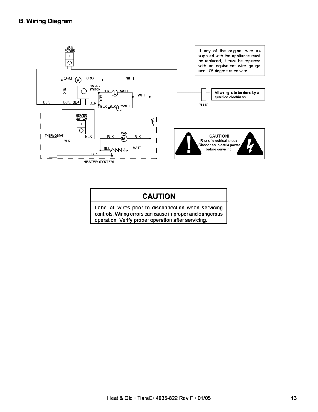 Heat & Glo LifeStyle TiaraE 4035-822 manual B. Wiring Diagram 