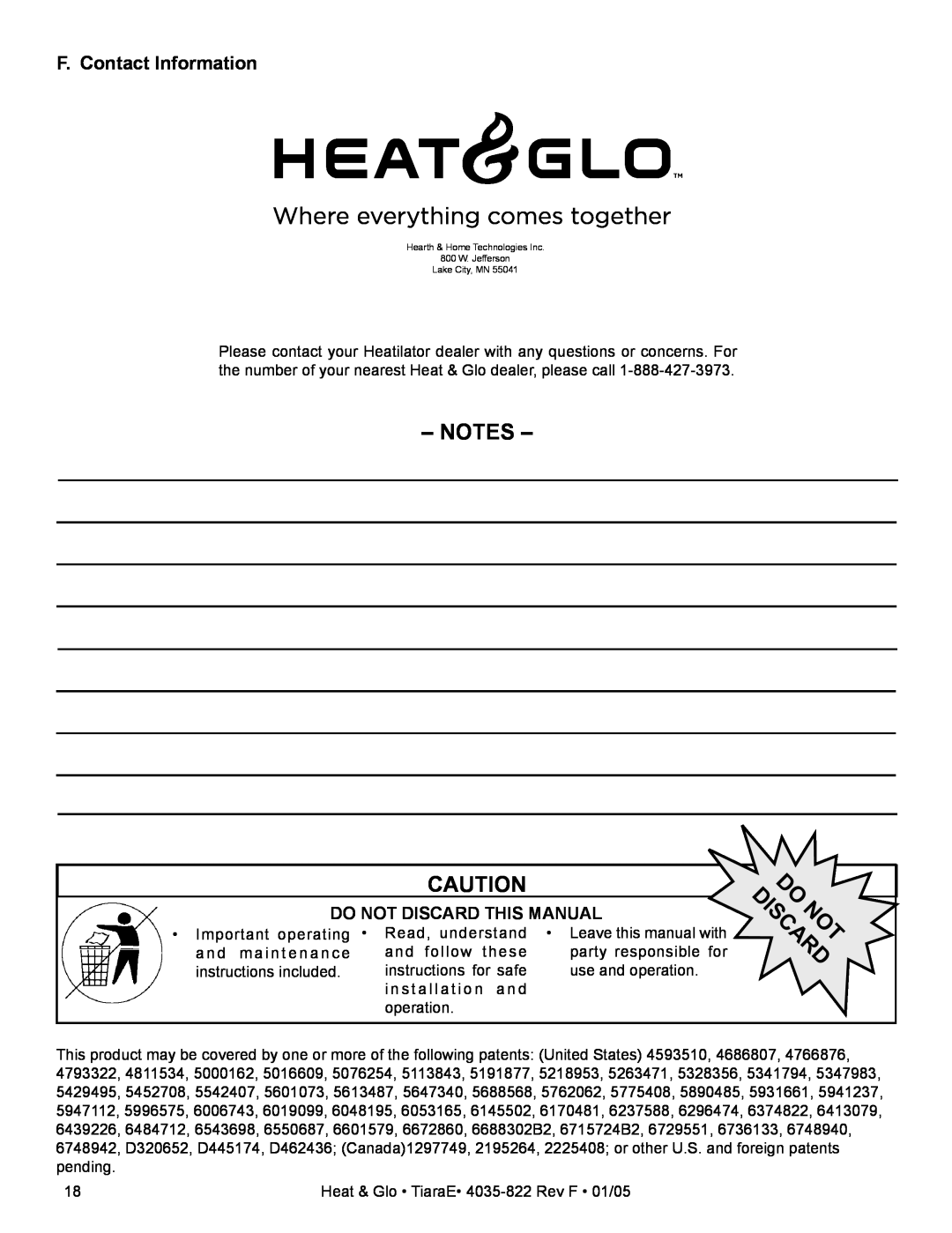 Heat & Glo LifeStyle TiaraE 4035-822 manual F. Contact Information, Do Discnot Ard, Do Not Discard This Manual 
