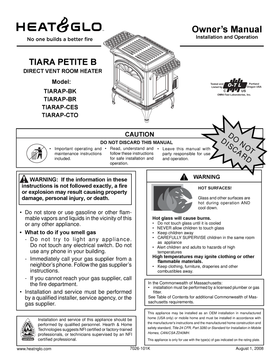 Heat & Glo LifeStyle TIARAP-CTO, TIARAP-CES, TIARAP-BK owner manual What to do if you smell gas, Installation and Operation 