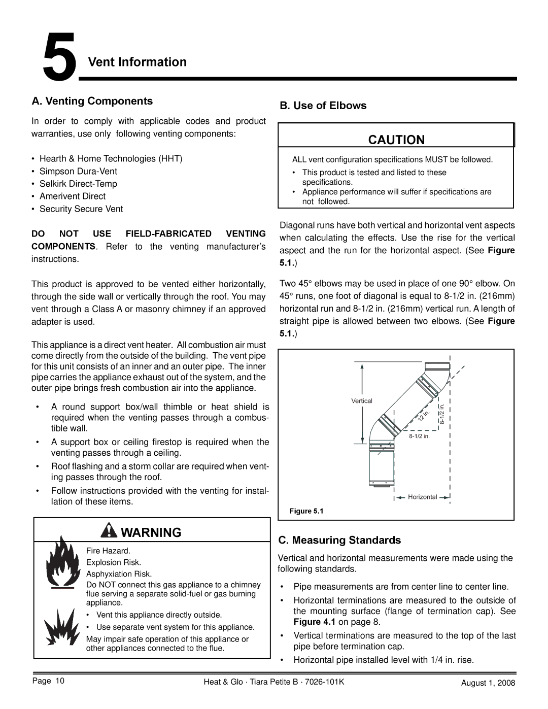 Heat & Glo LifeStyle TIARAP-BK, TIARAP-CES Vent Information, Venting Components, Use of Elbows, Measuring Standards 